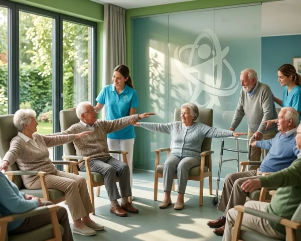 Profesional de atención geriátrica sirviendo una bebida a una persona mayor en residencia
