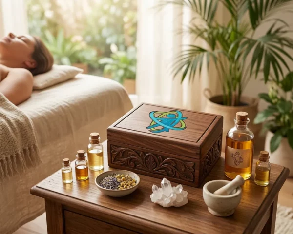 Sala de tratamiento con elementos de aromaterapia y ambiente relajante