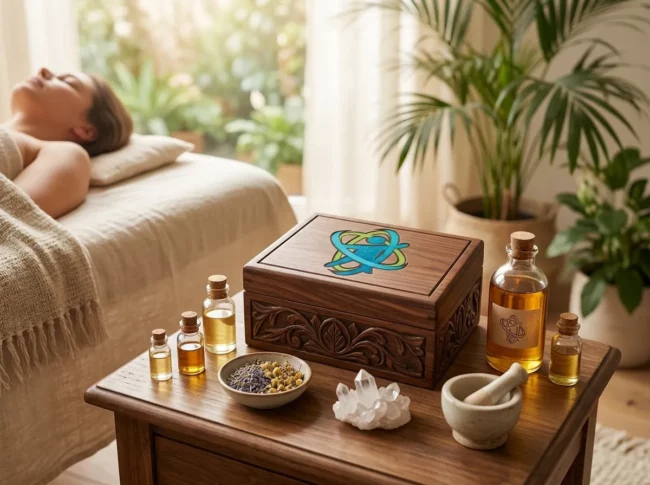 Sala de tratamiento con elementos de aromaterapia y ambiente relajante
