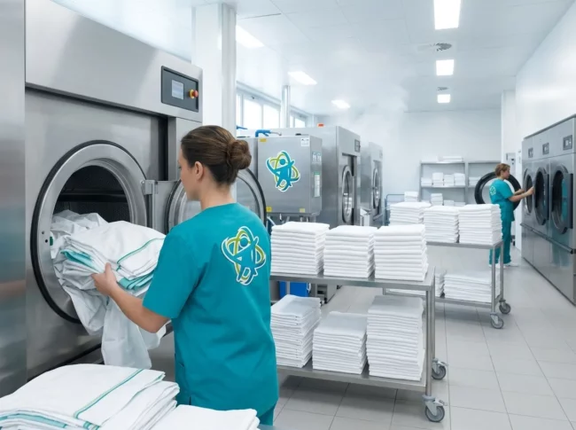 Profesional revisando y doblando ropa hospitalaria tras el proceso de lavado