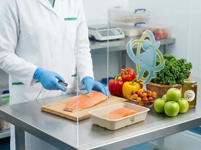 Técnico realizando análisis de seguridad alimentaria en verduras y hortalizas frescas
