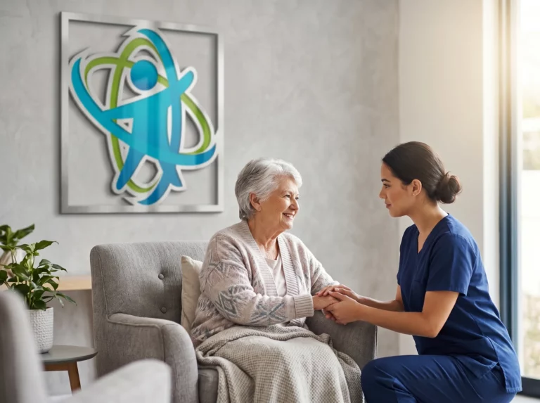 Profesional de enfermería atendiendo a un paciente de edad avanzada en una habitación hospitalaria.