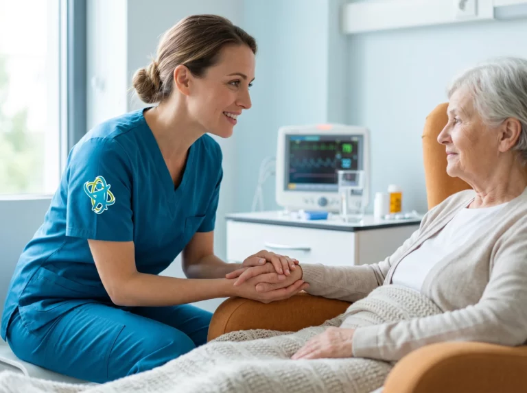 Profesional de enfermería atendiendo a un paciente hospitalizado en una habitación clínica moderna.