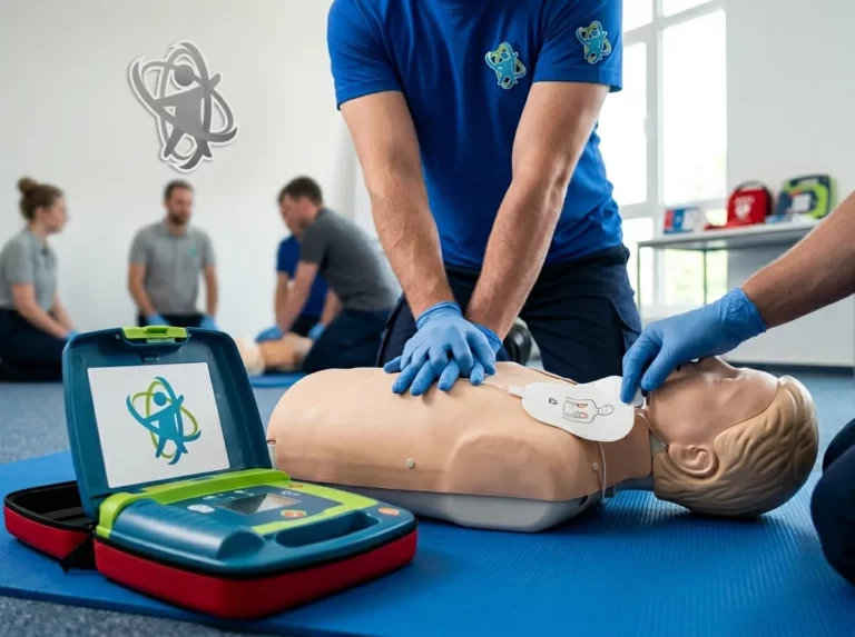 Instructor enseñando reanimación cardiopulmonar con maniquí y desfibrilador