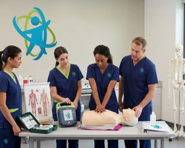 Alumna realizando maniobras de reanimación cardiopulmonar sobre maniquí durante un curso sanitario