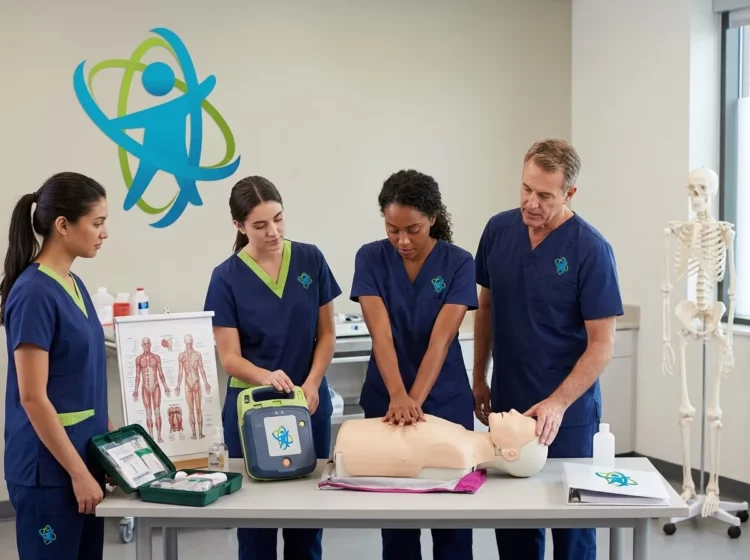 Alumna realizando maniobras de reanimación cardiopulmonar sobre maniquí durante un curso sanitario