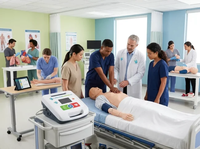 Equipo sanitario practicando procedimientos de valoración clínica sobre paciente simulado