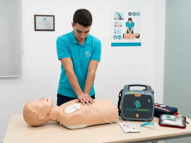 Alumna aplicando técnicas de RCP junto a un desfibrilador de formación