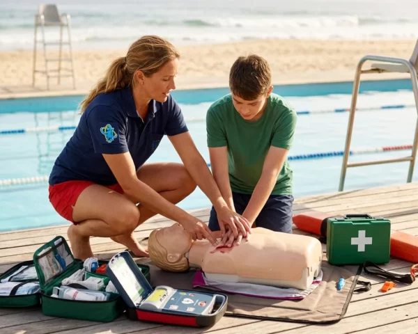 Socorrista manipulando maletín de emergencias junto a una piscina