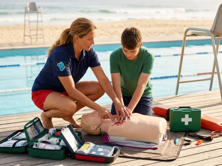 Socorrista manipulando maletín de emergencias junto a una piscina