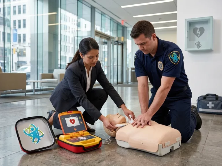 Participantes realizando prácticas de reanimación junto a desfibrilador instalado