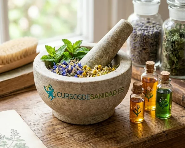 Sala de terapias naturales con aceites esenciales y elementos de relajación