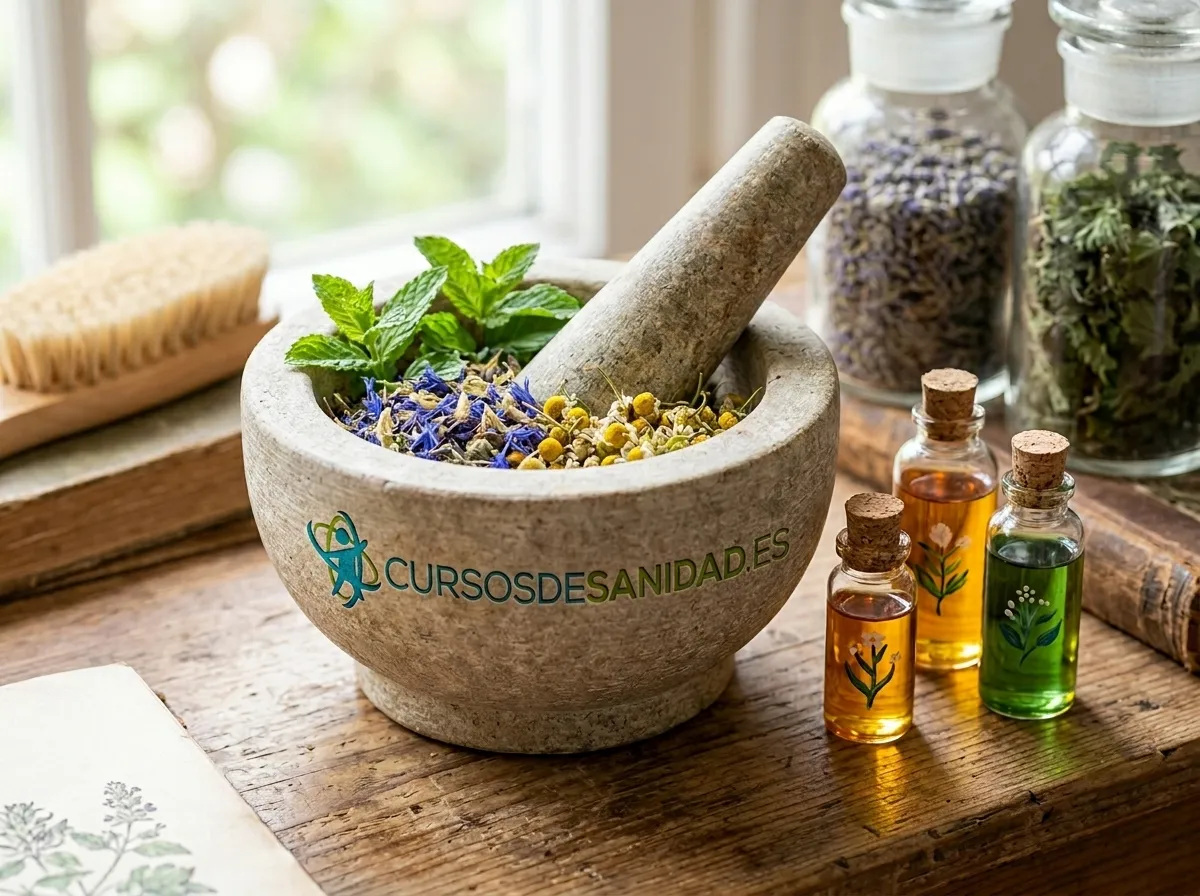 Sala de terapias naturales con aceites esenciales y elementos de relajación