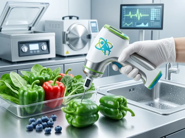 Profesional revisando alimentos saludables y verificando temperaturas de conservación