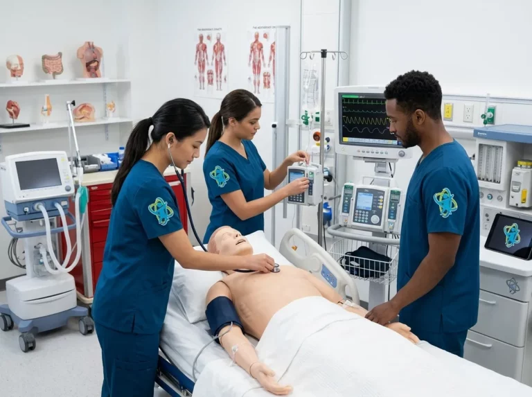 Alumnos practicando RCP y ventilación con desfibrilador externo automático en aula sanitaria
