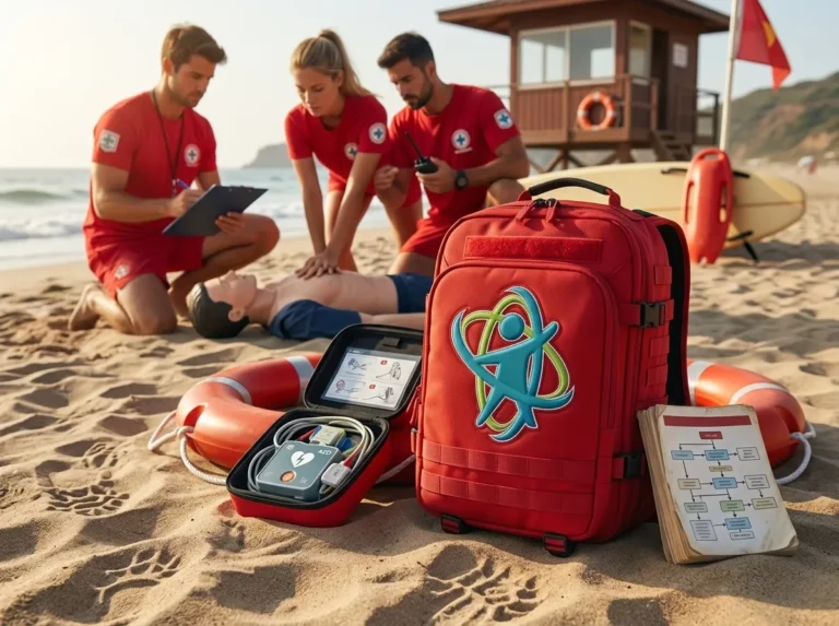 Instructor enseñando reanimación cardiopulmonar durante un curso de socorrismo en la playa