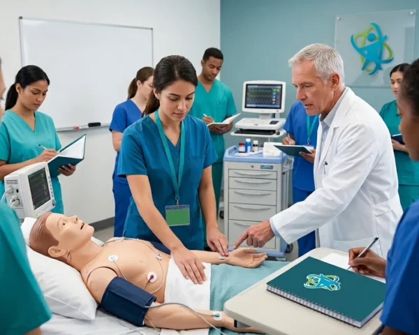 Grupo de estudiantes realizando evaluación clínica de paciente simulado en aula sanitaria