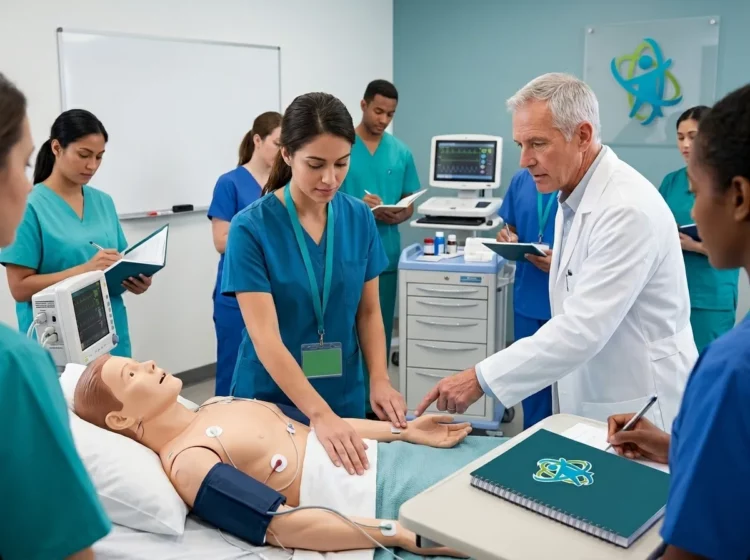 Grupo de estudiantes realizando evaluación clínica de paciente simulado en aula sanitaria