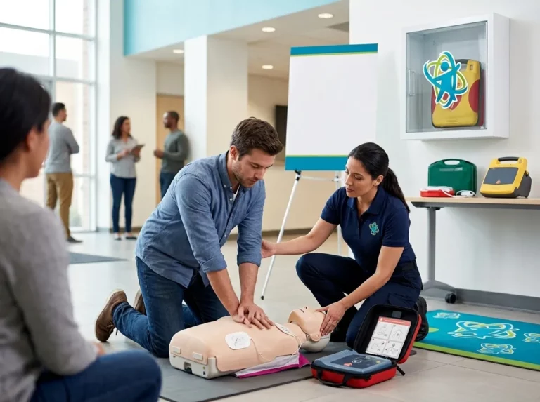 Alumno realizando maniobras de RCP con desfibrilador externo semiautomático en curso de cardioprotección