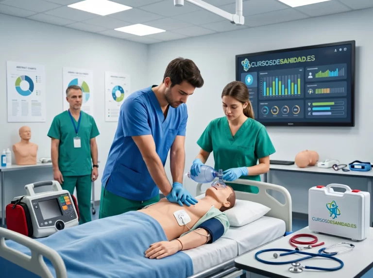 Alumnos de formación sanitaria realizando prácticas de RCP y ventilación asistida con maniquíes en aula clínica