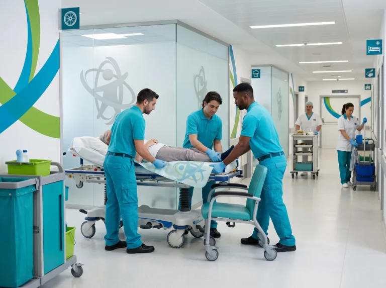 Celador trasladando una camilla en un hospital mientras coordina tareas con el personal sanitario.