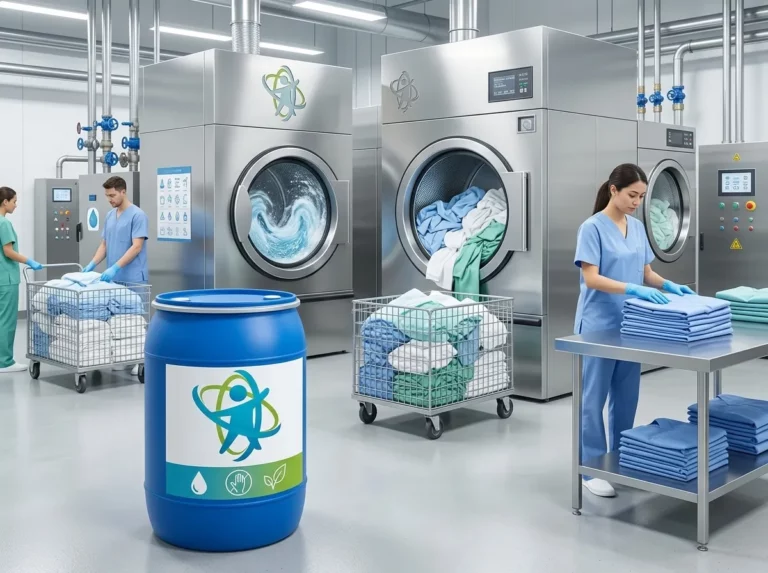 Profesional introduciendo textiles sanitarios en secadora industrial hospitalaria