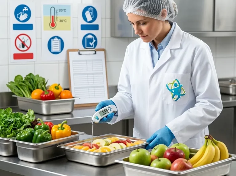 Técnica analizando frutas y verduras para garantizar su calidad y seguridad