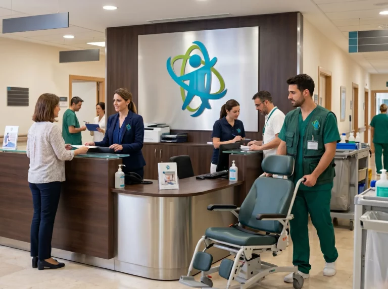 Celadores realizando el traslado seguro de un paciente en camilla por las instalaciones hospitalarias.