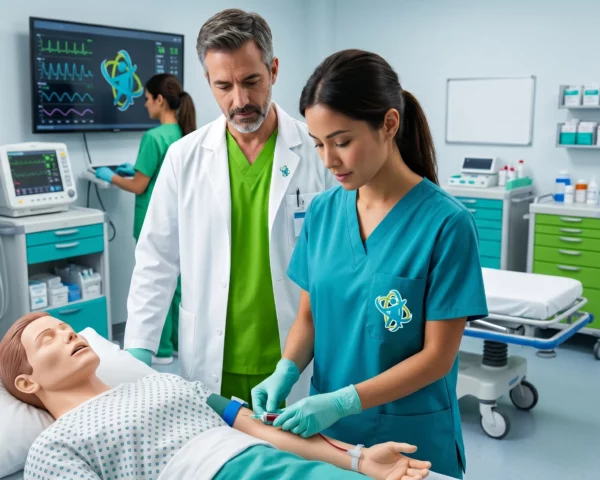 Profesionales sanitarios trabajando en un entorno hospitalario moderno con tecnología médica avanzada.