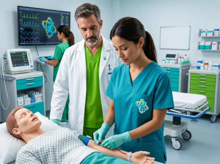 Profesionales sanitarios trabajando en un entorno hospitalario moderno con tecnología médica avanzada.