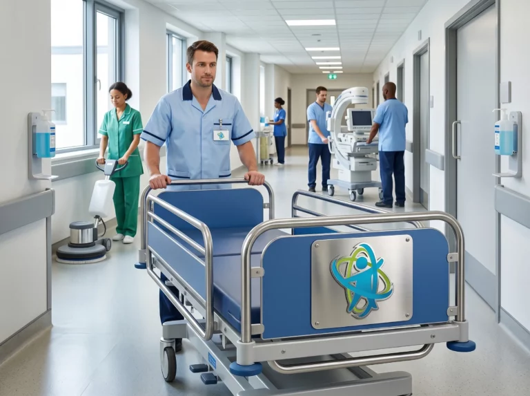 Personal no sanitario revisando procedimientos de trabajo y logística hospitalaria en una unidad asistencial.