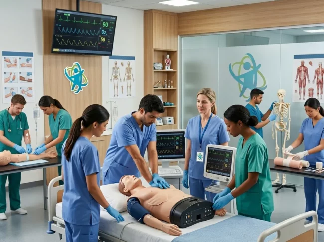 Docente supervisando una práctica de reanimación cardiopulmonar con desfibrilador de entrenamiento