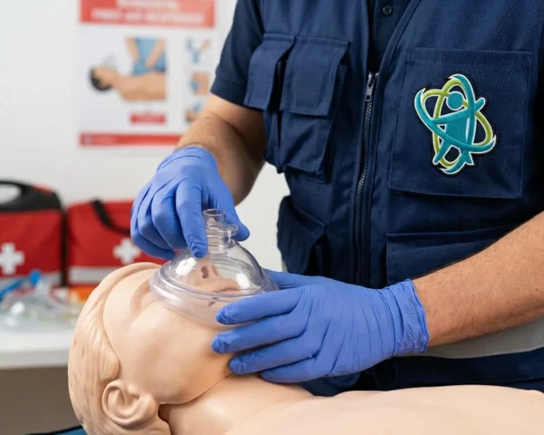 Alumna realizando compresiones torácicas durante una formación de socorrismo en piscina