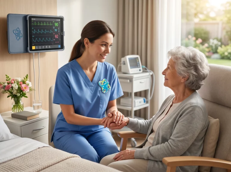 Profesional de enfermería acompañando y escuchando a una paciente de edad avanzada durante su recuperación.