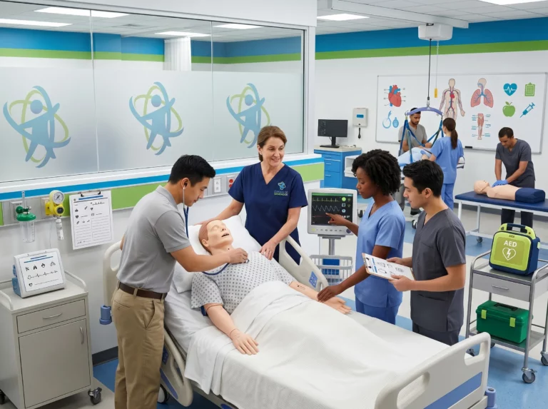 Estudiantes sanitarios realizando controles y monitorización de paciente simulado en cama hospitalaria