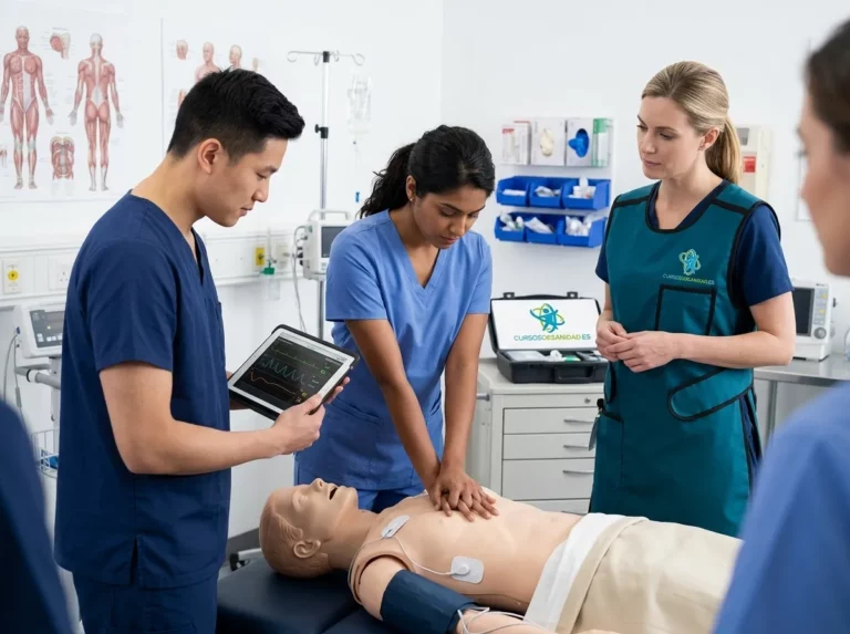 Grupo de alumnos realizando prácticas sanitarias con maniquíes y equipos de monitorización clínica