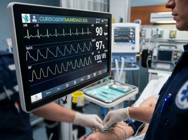 Pantalla de monitorización mostrando frecuencia cardiaca, saturación y presión arterial en urgencias