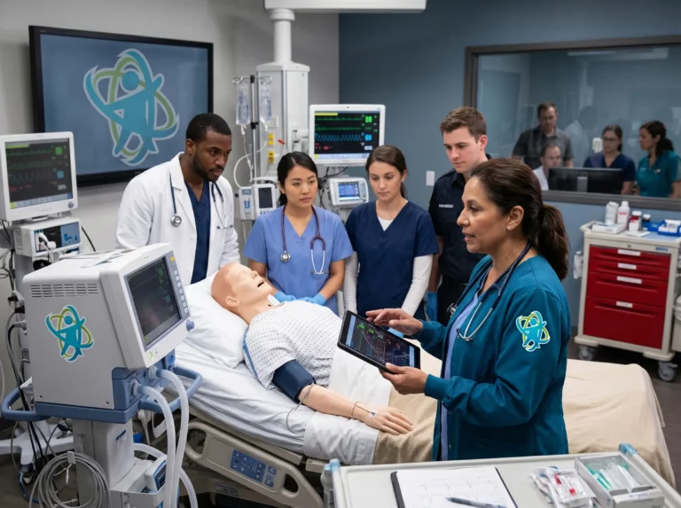 Equipo de profesionales sanitarios revisando información clínica y compartiendo conocimientos en un hospital.