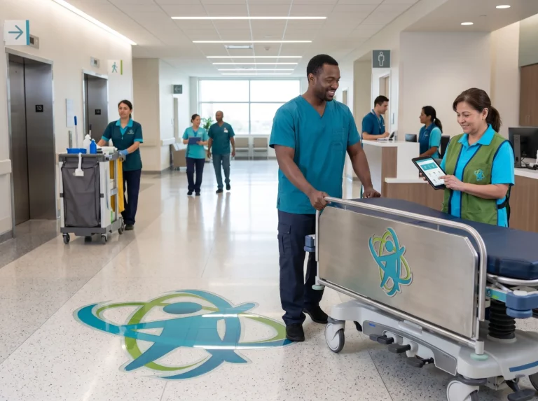 Celador transportando una cama hospitalaria por un pasillo de hospital junto a otros profesionales sanitarios.