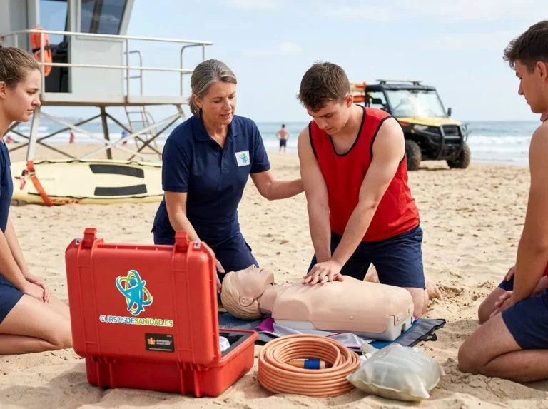 Socorrista practicando maniobras de reanimación con desfibrilador externo automático en la playa