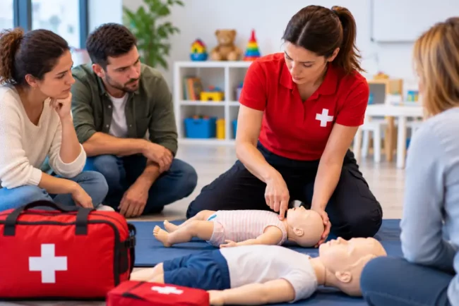 Instructora de primeros auxilios mostrando técnicas de atención a un bebé con un maniquí de entrenamiento, mientras varios alumnos observan durante un curso de primeros auxilios infantiles.