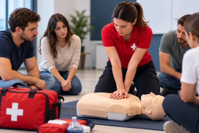Instructora realizando una demostración de reanimación cardiopulmonar (RCP) con un maniquí durante un curso de primeros auxilios en Gijón.