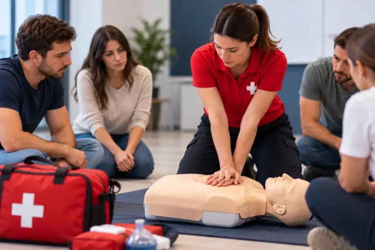 Instructora realizando una demostración de reanimación cardiopulmonar (RCP) con un maniquí durante un curso de primeros auxilios en Gijón.