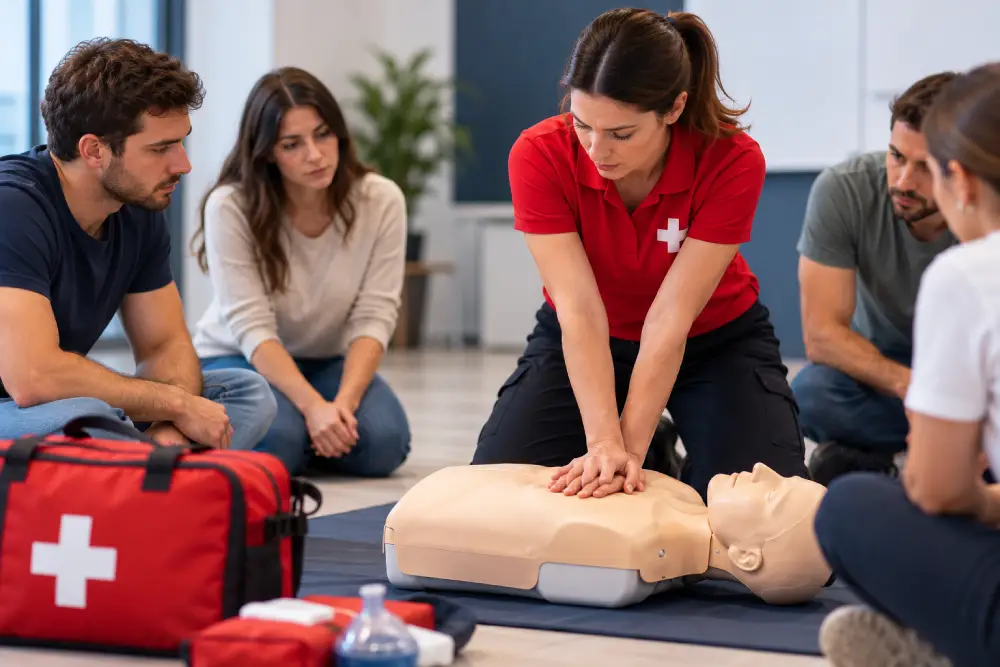 Instructora realizando una demostración de reanimación cardiopulmonar (RCP) con un maniquí durante un curso de primeros auxilios en Gijón.